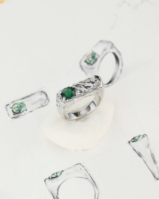 18k white gold splash-style signet ring with tsavorite