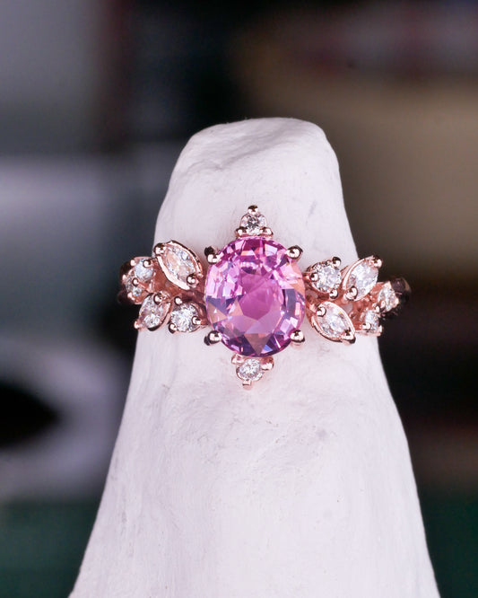 18K sculpted rose gold with padparadscha sapphire and marquise diamonds