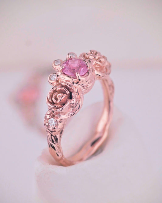 18K rose gold sculpted flower ring with pink sapphire and natural diamonds